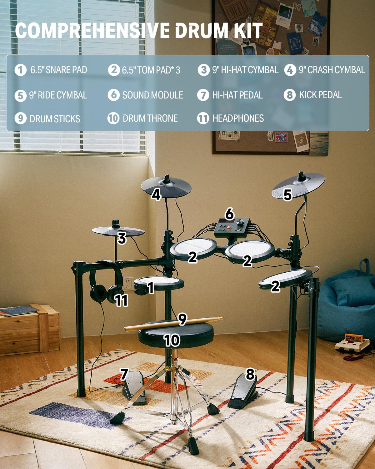 Donner DED-70 NEW Batería eléctrica nueva batería electrónica para principiantes con 150 sonidos, 4 pads de malla silenciosos, platillos de 9", MIDI USB, 2 pedales, trono, auriculares, baquetas