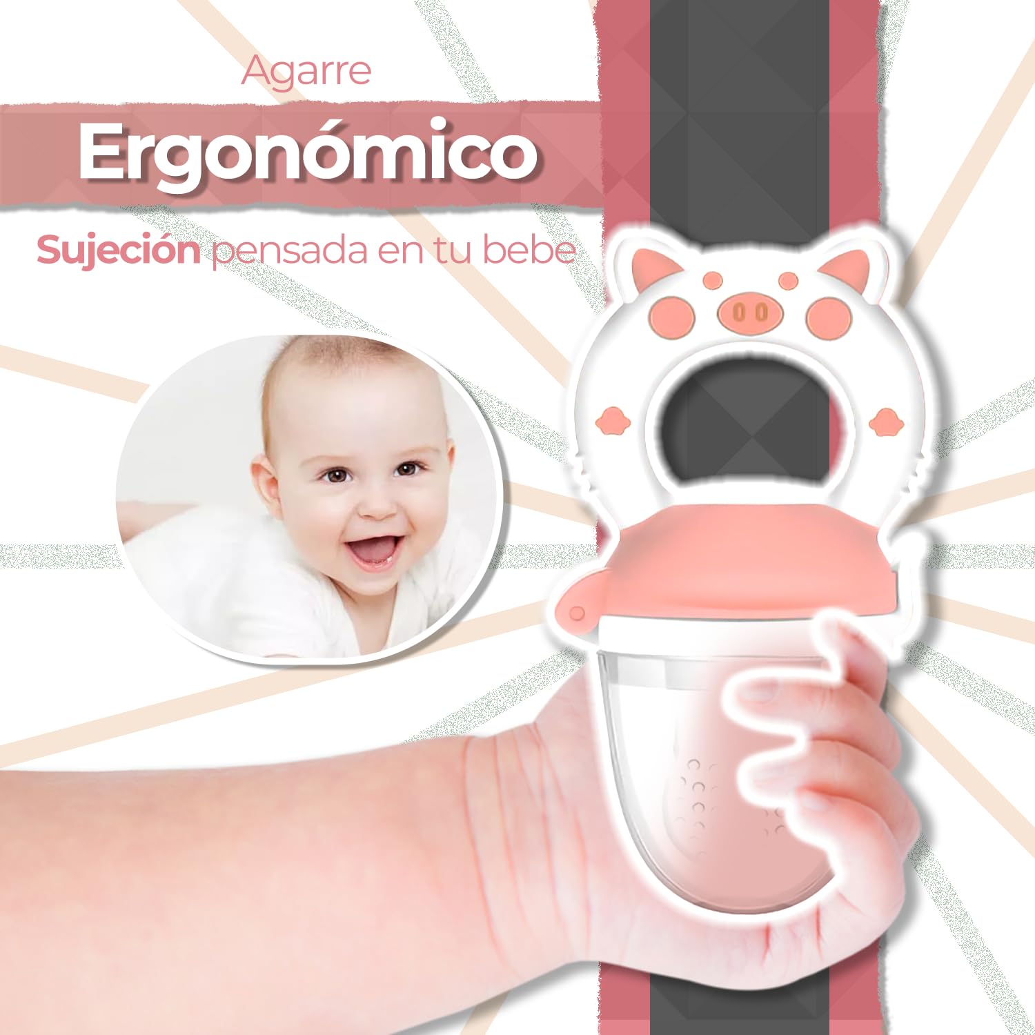 Chupón Para Fruta Y Papilla Sweet Baby Rosa Blanco con Seguro y Tapa dibujos animados, Libre de BPA