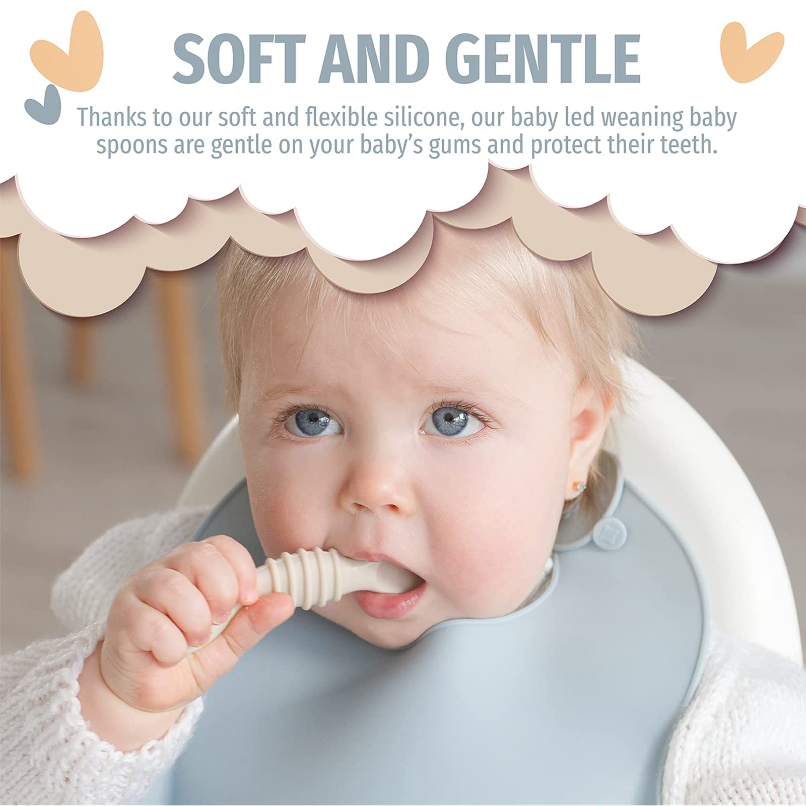 Cucharas para Bebe de Silicon,Juego de cucharas para bebé de 6 Piezas,Kit de Cubiertos para Alimentación Complementaria, Silicóna de grado alimenticio libre de BPA, Antideslizante, Seguro.