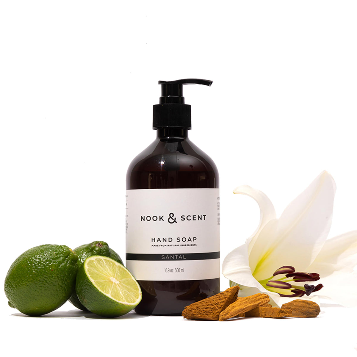 Jabón Líquido para Manos | 500 ml | Limpieza y Frescura | Libre de Sulfatos y Parabenos, Vegano, Aceites Esenciales, Aroma Energizante de Limón y Naranja | Nook & Scent (Santal)