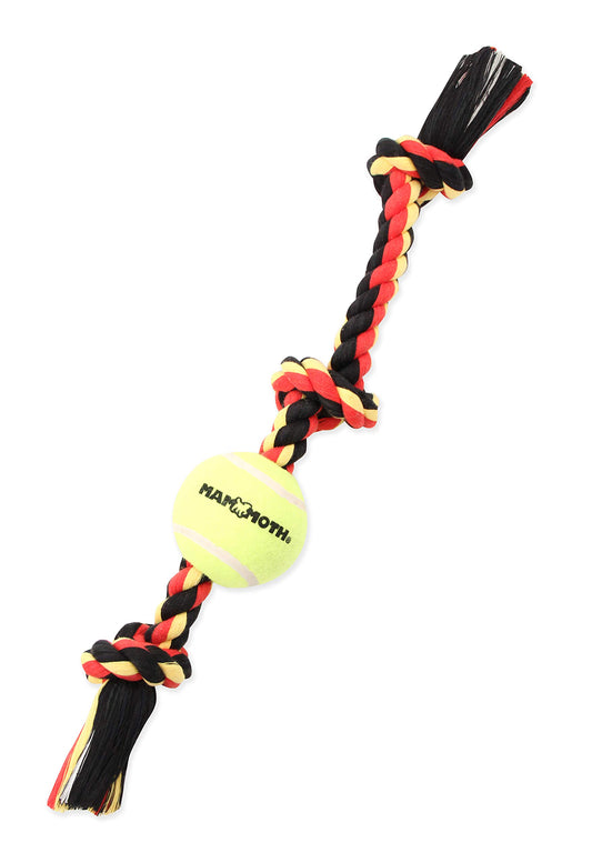 Mammoth Flossy Chews Color 3 Knot Tug w/Standard Tennis Ball – Premium Cotton-Poly Tug Toy for Dogs – Interactive Dog Tug Toy – Rope Dog Toy with Tennis Ball for Medium Dogs - 20”