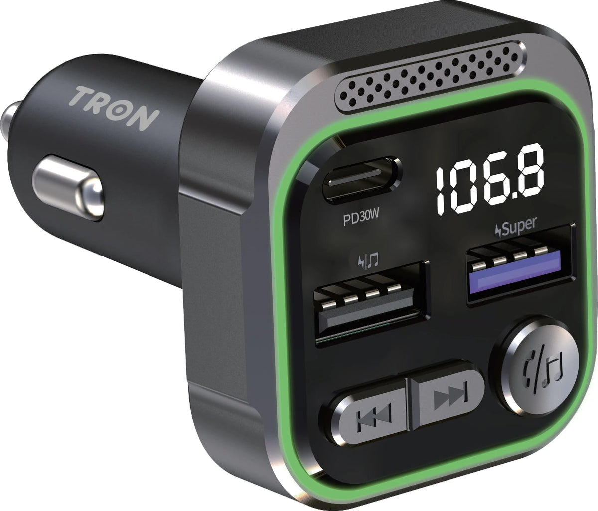 Transmisor FM Inalámbrico Tron Negro Carga Rápida Bluetooth Doble USB-C y USB-A para Coche
