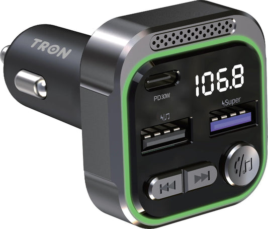 Transmisor FM Inalámbrico Tron Negro Carga Rápida Bluetooth Doble USB-C y USB-A para Coche