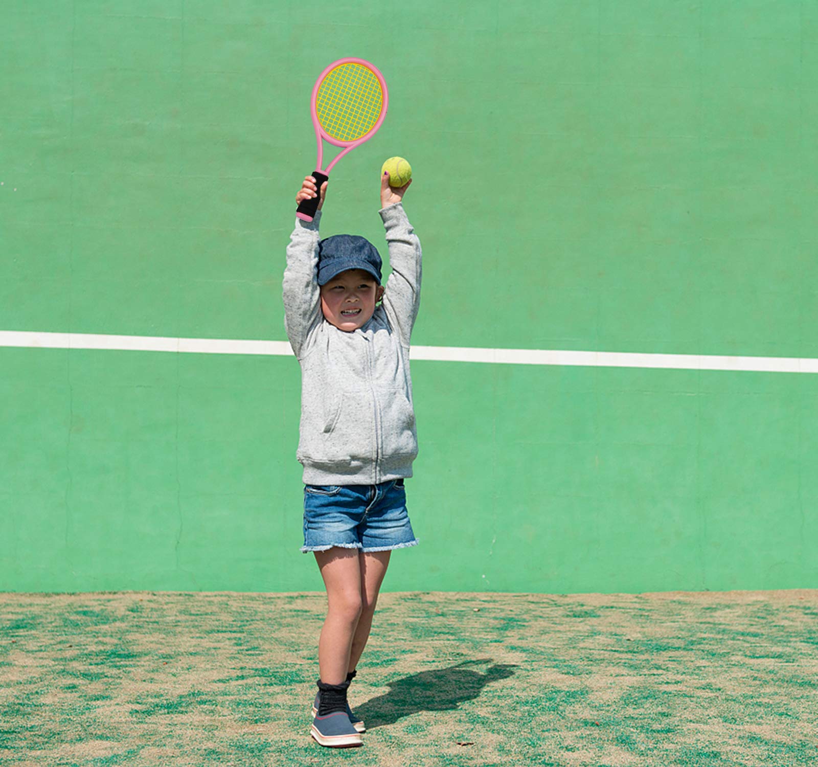 Juego de Tenis para niños, Raqueta de Tenis de plástico de 17 Pulgadas con 2 Pelotas Suaves y 2 Pelotas de Tenis para niños, para Jugar al Aire Libre/Interior