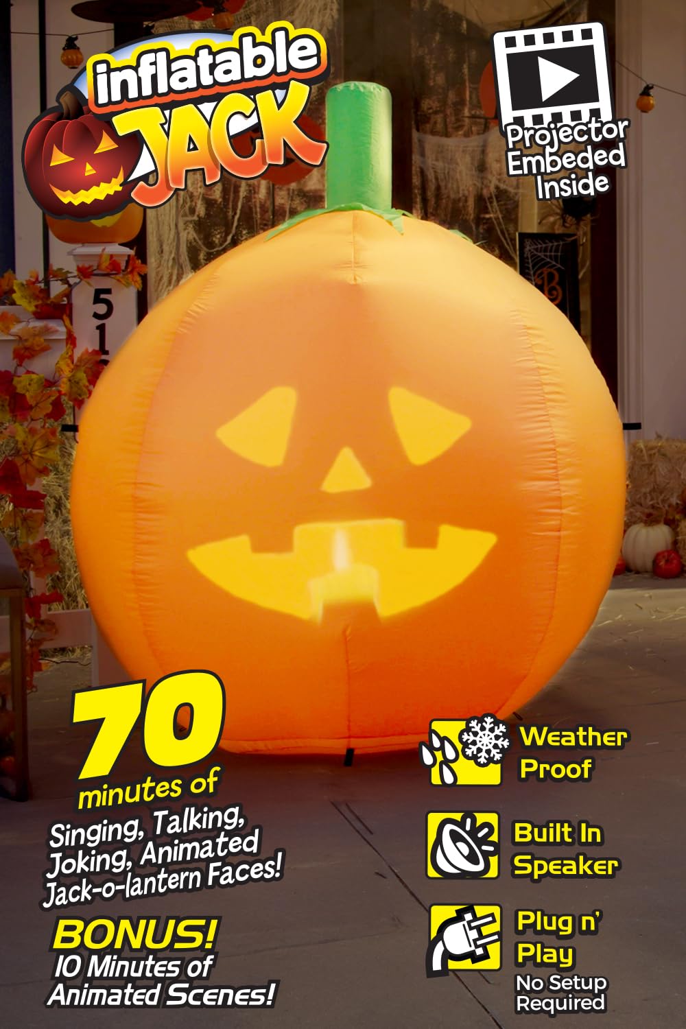 ANIMAT3D - Calabaza inflable animada parlante Jabberin' Jack de 1.5 metros de altura con pantalla HD de 56” y proyector incorporado, incluye 80 minutos de contenido.