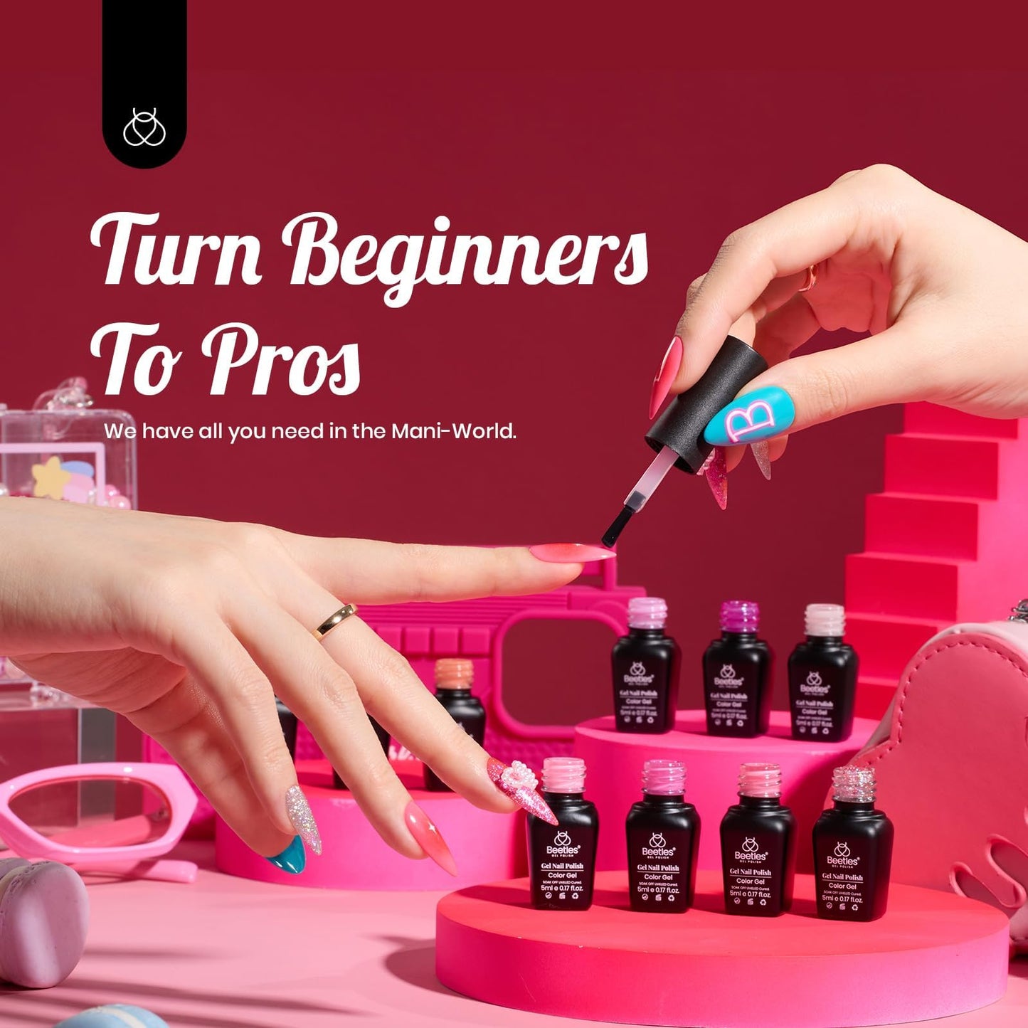 Beetles - Juego de esmalte de uñas en gel rosa, 20 colores, colección Alluring Sweetie, color nude, morado, purpurina, rojo, kit de manicura en gel ultravioleta con base, capa superior brillante y mate, regalo