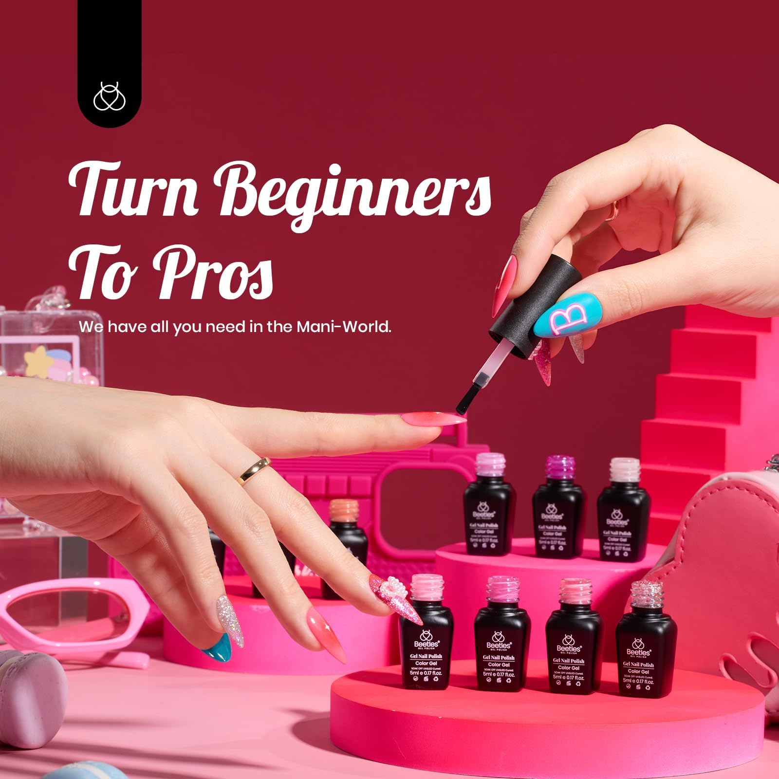 Beetles - Juego de esmalte de uñas en gel rosa, 20 colores, colección Alluring Sweetie, color nude, morado, purpurina, rojo, kit de manicura en gel ultravioleta con base, capa superior brillante y mate, regalo