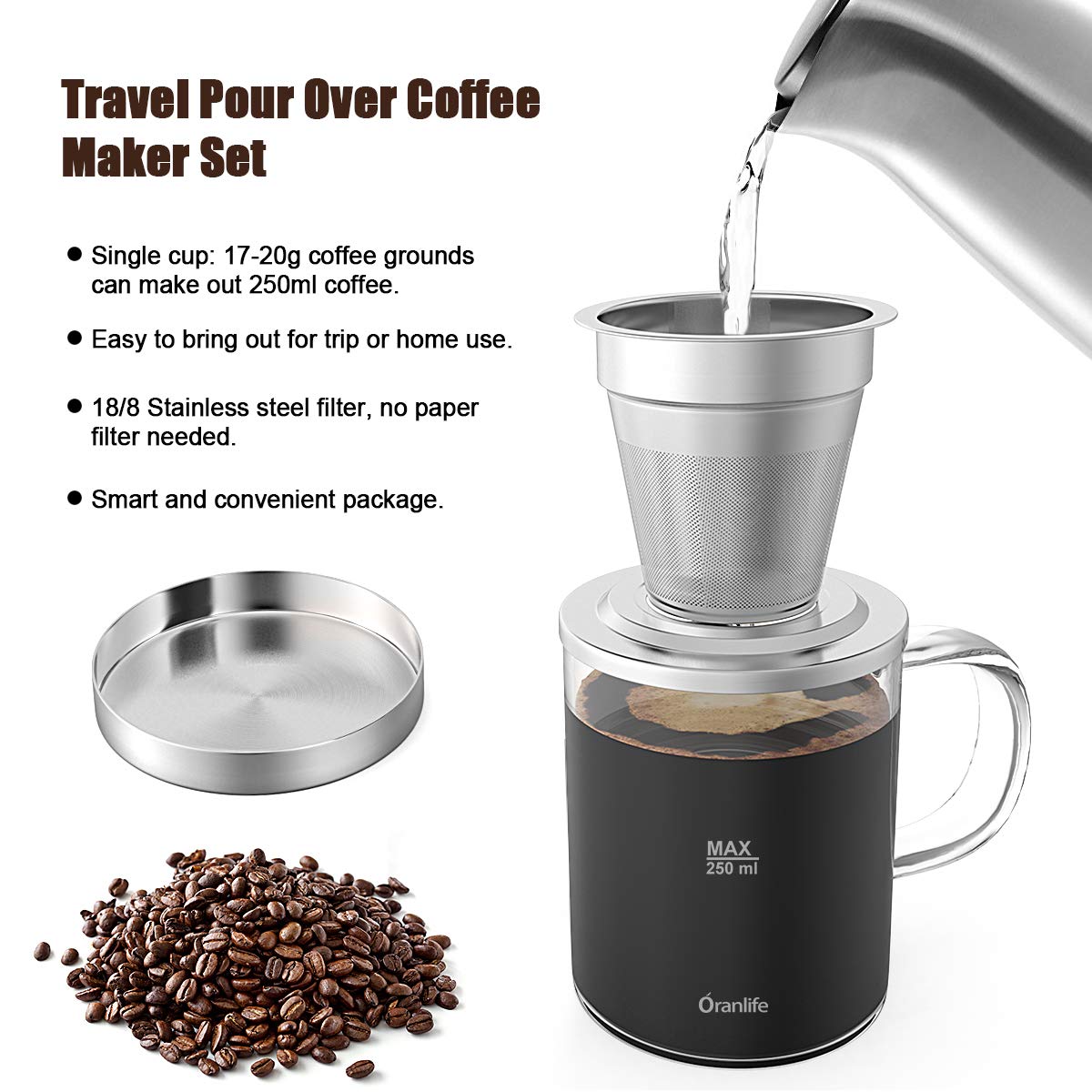 Juego de Cafetera Oranlife de Vidrio Borosilicato 14oz para Viajar y Acampar