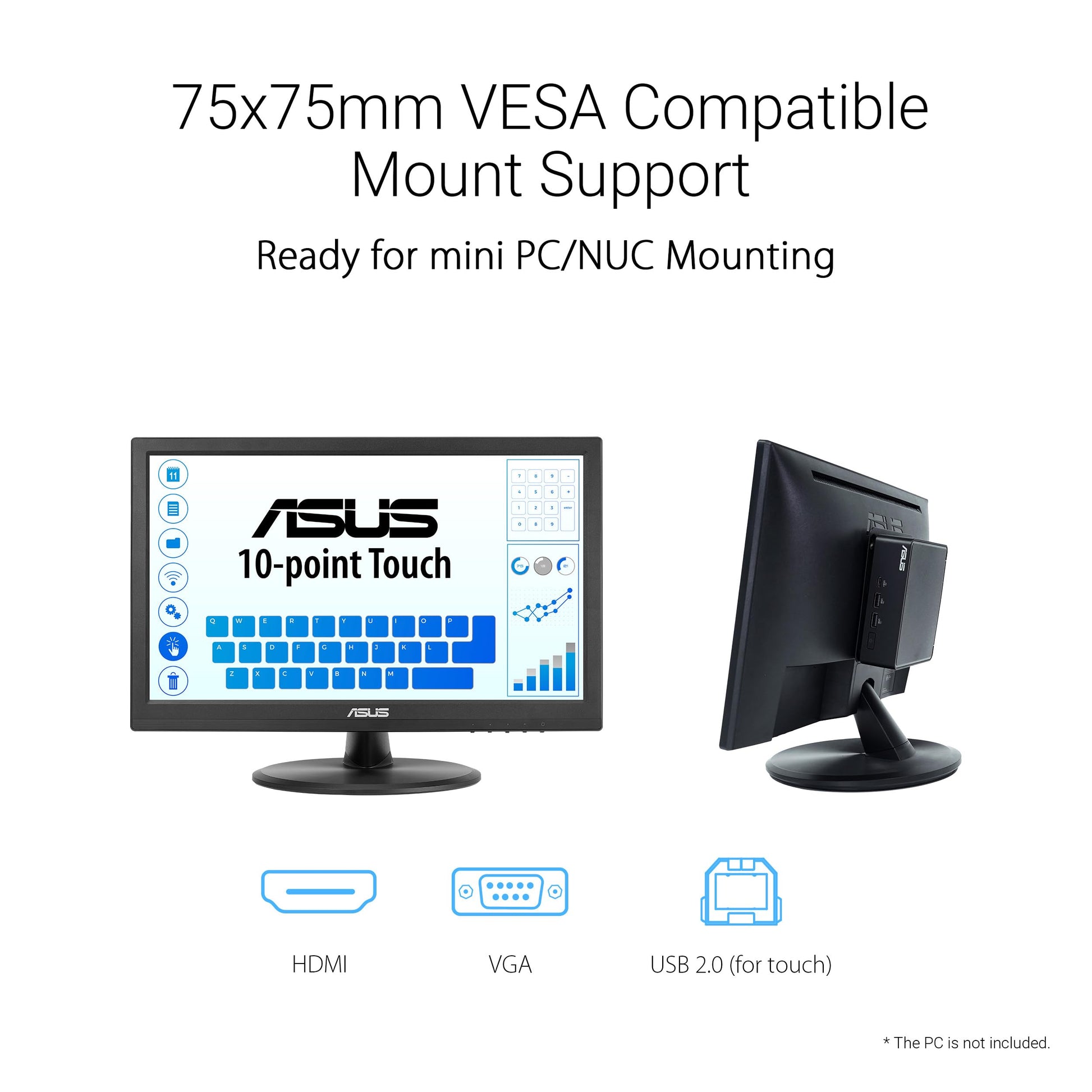 ASUS Monitor táctil 1080P de 15.6" (VT169HE) - Full HD, visualización táctil de 10 puntos, IPS, amplio ángulo de visión, sin marco, cuidado de los ojos, sin parpadeo, luz azul baja, HDMI, cumplimiento