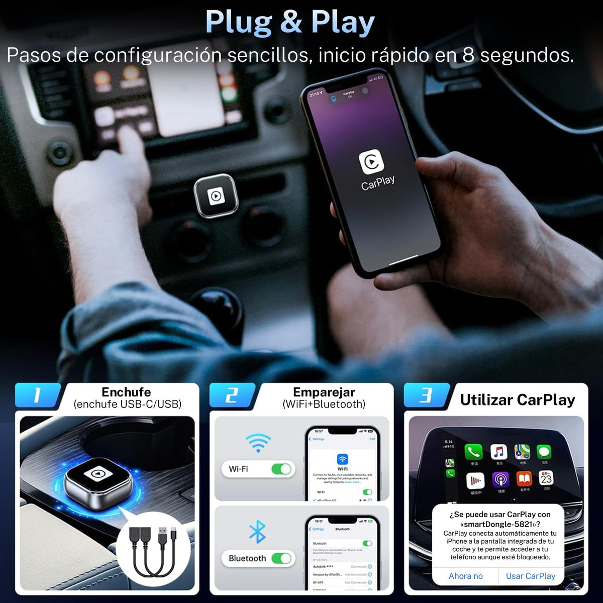Adaptador Inalámbrico GOMITA Negro Conexión Rápida y Compacta para CarPlay y Android Auto con Puerto USB USB-C