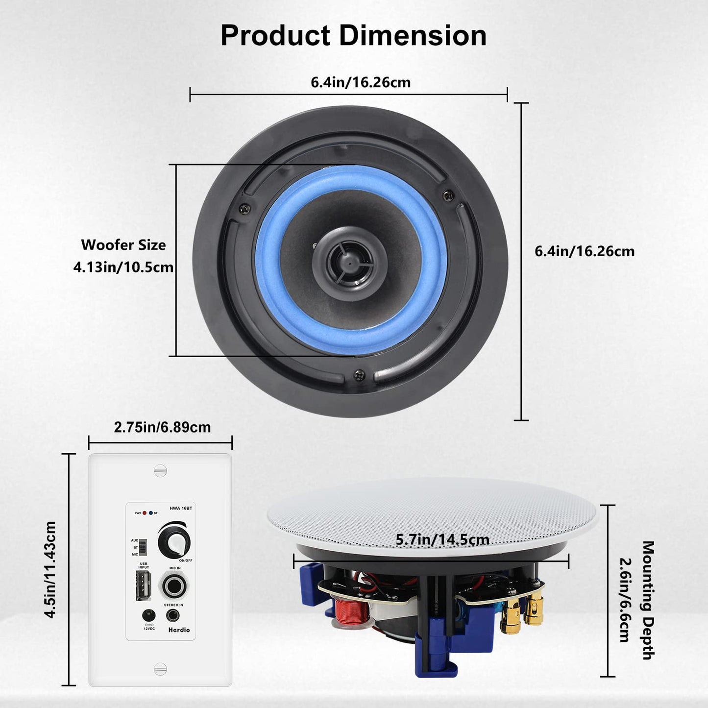 Herdio Altavoces de Techo y Pared Bluetooth HCS-418 de 4 Pulgadas de 160 W, Empotrable en Pared, Receptor Amplificador, Adecuado para Interior y Porche Cubierto, Blanco