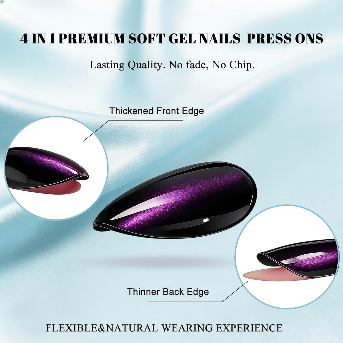 JOYVVEW Uñas postizas cortas con forma de ojo de gato - Uñas postizas ovaladas moradas y negras, uñas postizas almendradas glaseadas con acabado brillante, calidad resistente, reutilizables, brillante
