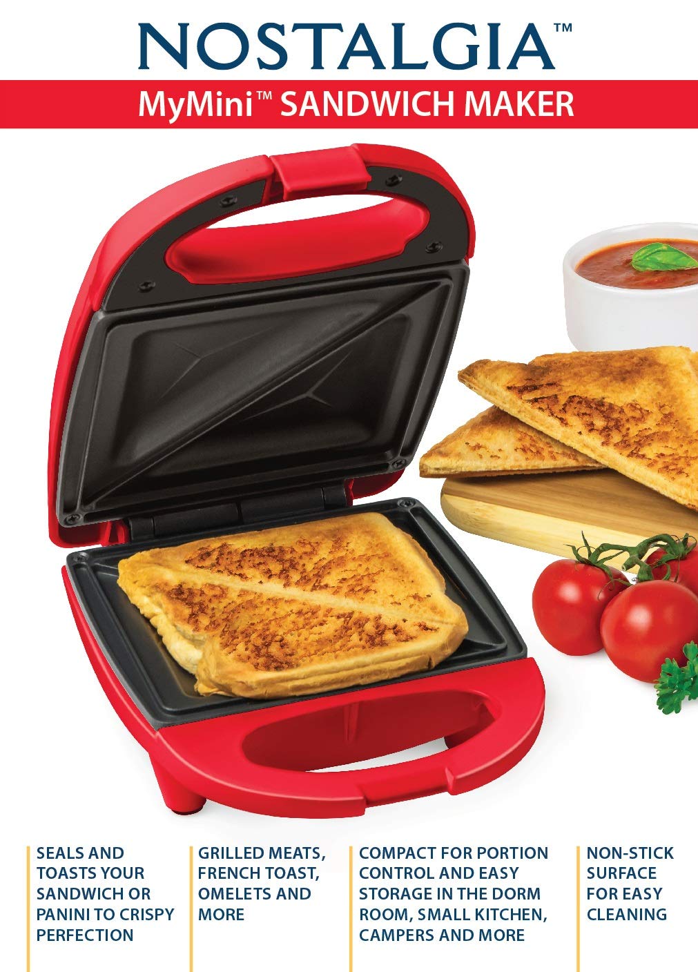 Sandwichera Compacta Nostalgia Roja con Control de Porciones