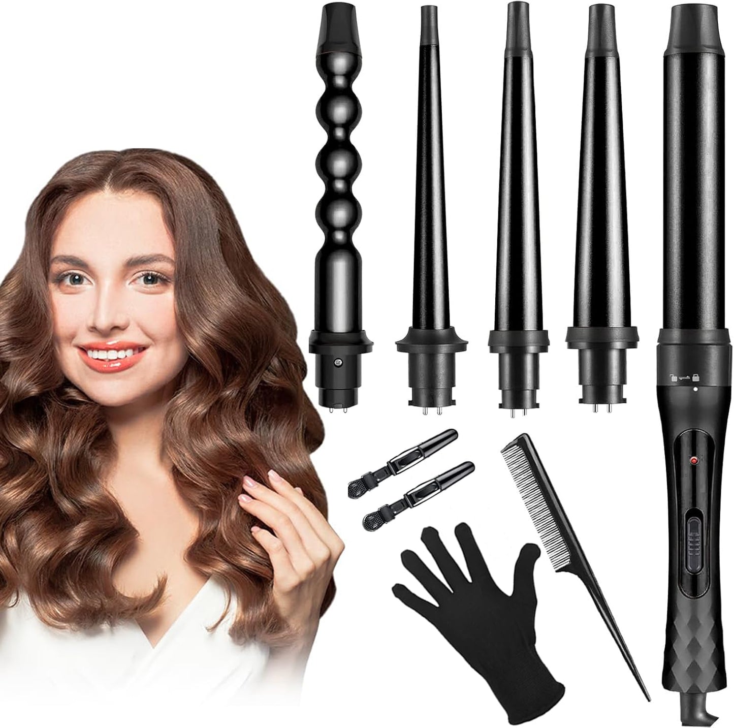 Rizador de Cabello 5 en 1 con Guantes, Cerámica Ajustable - Peines y Clips Incluidos - Calentamiento Instantáneo - Herramientas de Peinado Profesionales - Negro. ¡Cabello liso o rizado en minutos!