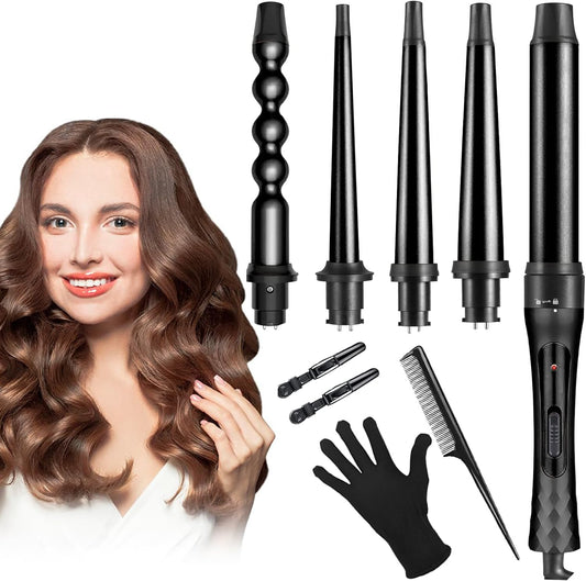 Rizador de Cabello 5 en 1 con Guantes, Cerámica Ajustable - Peines y Clips Incluidos - Calentamiento Instantáneo - Herramientas de Peinado Profesionales - Negro. ¡Cabello liso o rizado en minutos!