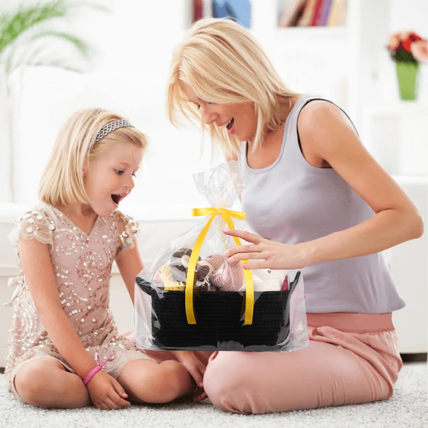 OIAHOMY - Cesta de regalo vacía con bolsas de regalo y cintas, cesta de cuerda para baby shower, cesta de almacenamiento con asas para guardería, cesta de juguetes para mascotas, color negro