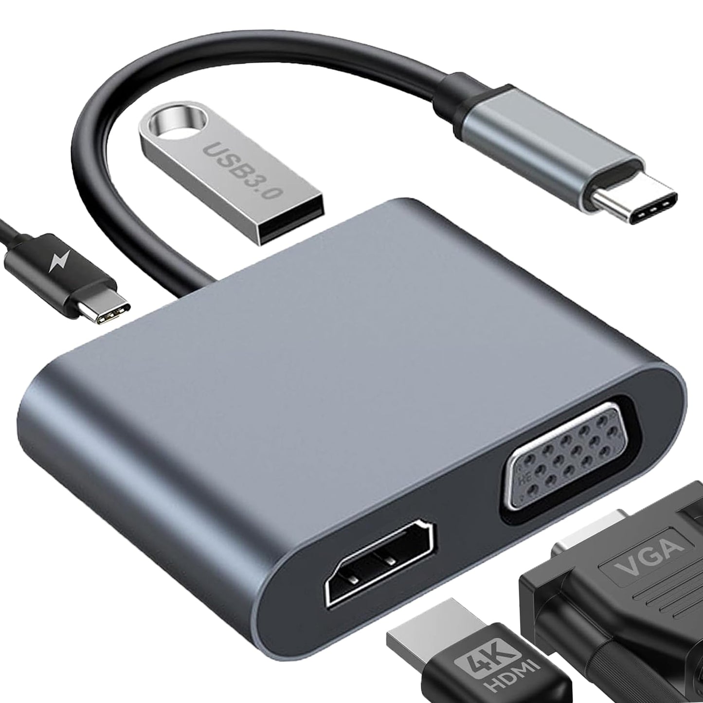 HXEIR Adaptador USB C a HDMI VGA, 4 en 1 USB C Hub Adaptador para MacBook Air con Salida HDMI 4K, Puerto USB 3.0 y 100W PD Carga Compatible con MacBook Pro/Air/iPad DELL XPS y más Dispositivos Tipo C