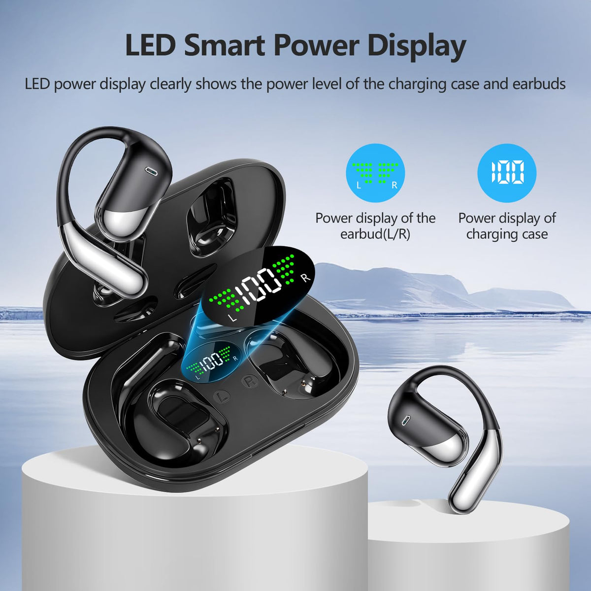 Auriculares Inalámbricos de Conducción Ósea con Ganchos Negros y Funda de Carga LED