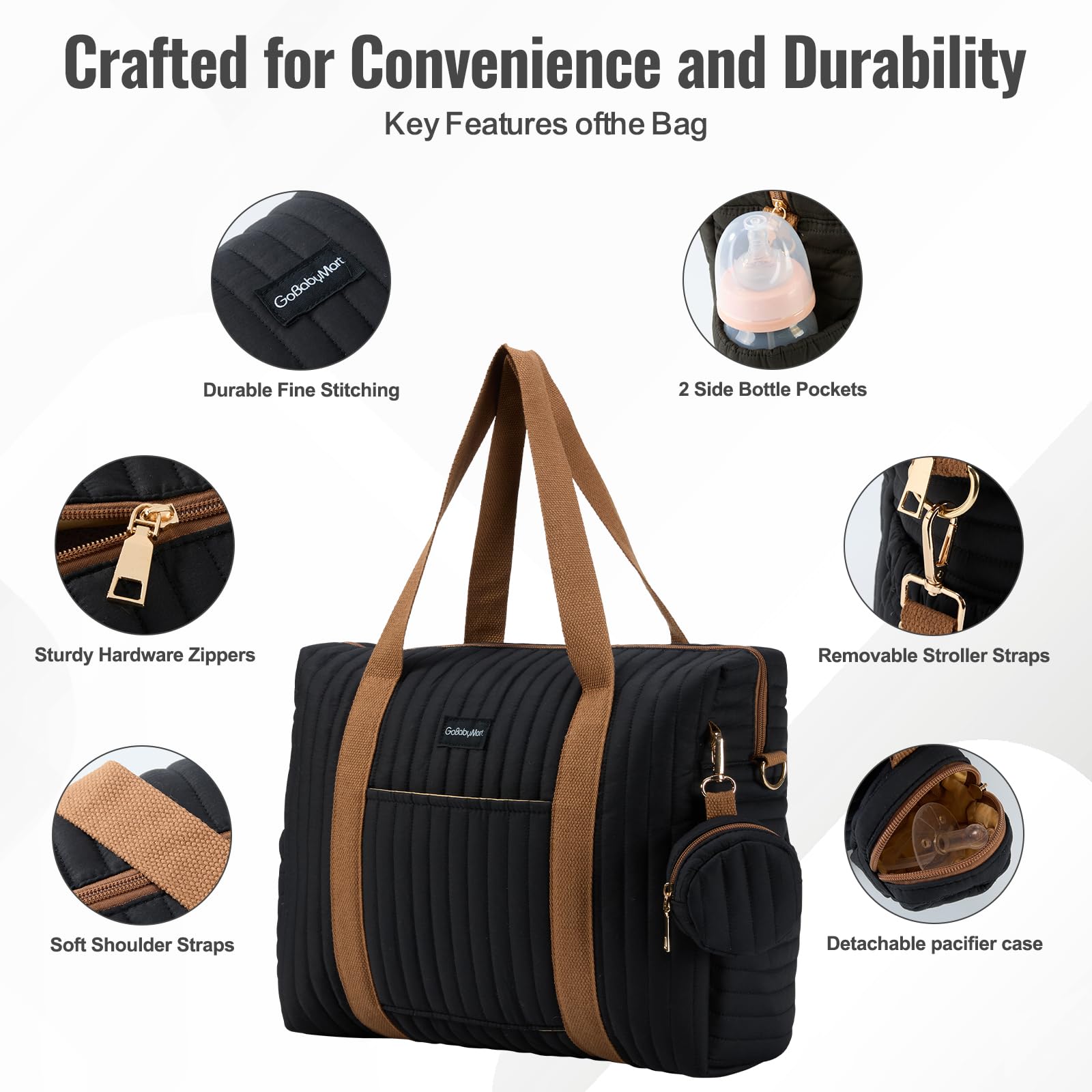 GOBABYMART - Juego de 3 bolsas de pañales con cambiador y estuche para chupete, bolsa de viaje de maternidad de algodón (mediano - negro)