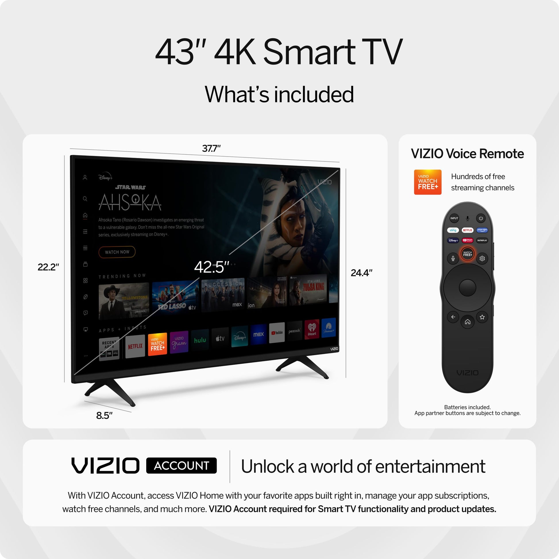 Televisor LED Smart VIZIO 4K UHD 43 Pulgadas Dolby Vision HDR WiFi 6 Bluetooth AirPlay Google Cast Incorporado