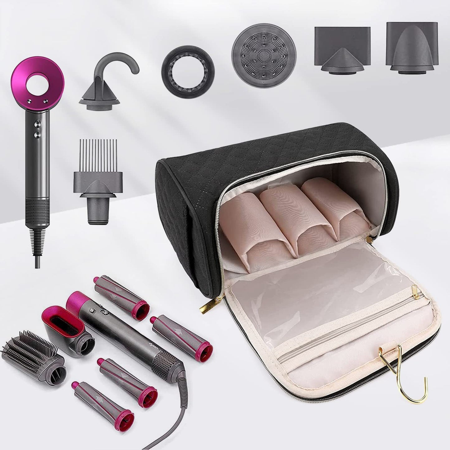 FRMARCH Bolsa de almacenamiento de viaje compatible con Dyson Airwrap Styler, organizador de viaje portátil con clips para Airwrap Hair Styler Case y accesorios, estuches de viaje cosméticos con gancho para colgar, negro (Black-v2), 12.2"x5"x6"