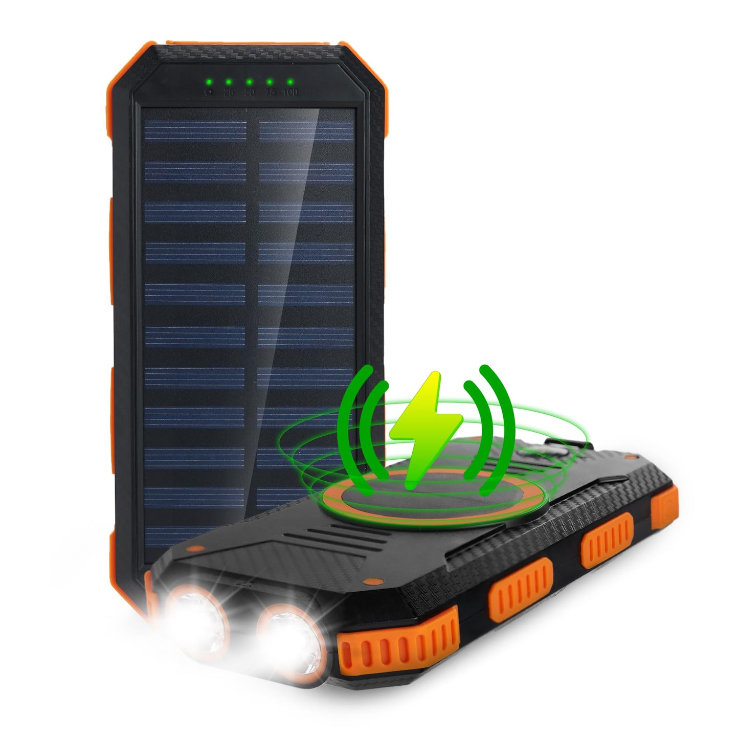 CHARGEWORX - Banco de energía Solar con 2 Puertos USB-A más Puertos de Carga USB-C y Micro-USB, Capacidad de 15.000 mAh, Incluye brújula y linternas LED duales, Ideal para Camping, Senderismo y más