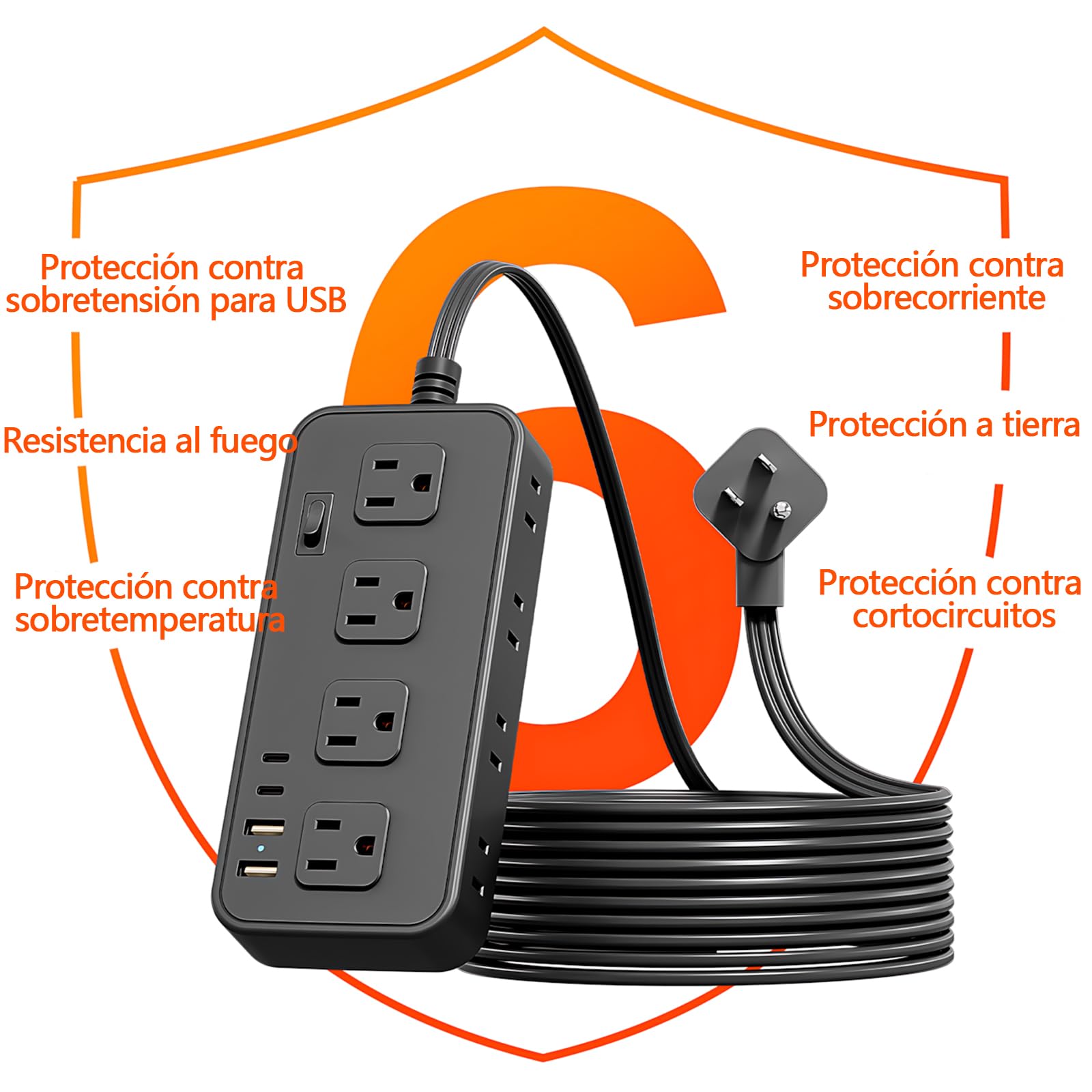 Multicontacto SSOUILI Blanco 12 en 1 con Protector de Sobretensión y Extensión Plana de 1.5M para Oficina en Casa