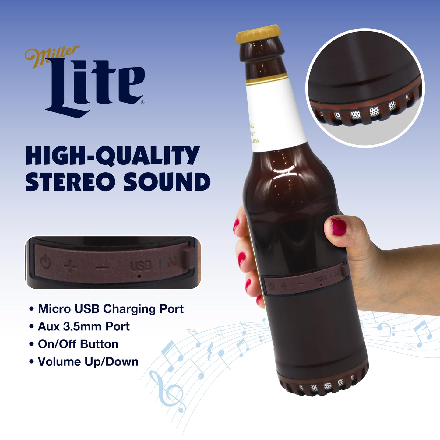 Miller Lite - Altavoz Bluetooth en forma de botella con estéreo de alta fidelidad, a prueba de salpicaduras, tiempo de reproducción 6H y puerto AUX, ideal para exteriores, fiestas en interiores,