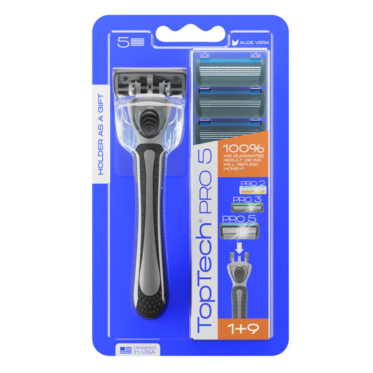 TopTech PRO 5 Rastrillo para Afeitar Hombre Reutilizable - Afeitadora Manual con Cartuchos Reemplazables - Tecnología de 5 Cuchillas - Pack de 17 Unidades (1 Mango + 16 Recambios) - Afeitado Suave y Cuchillas Afiladas - Recambios Económicos