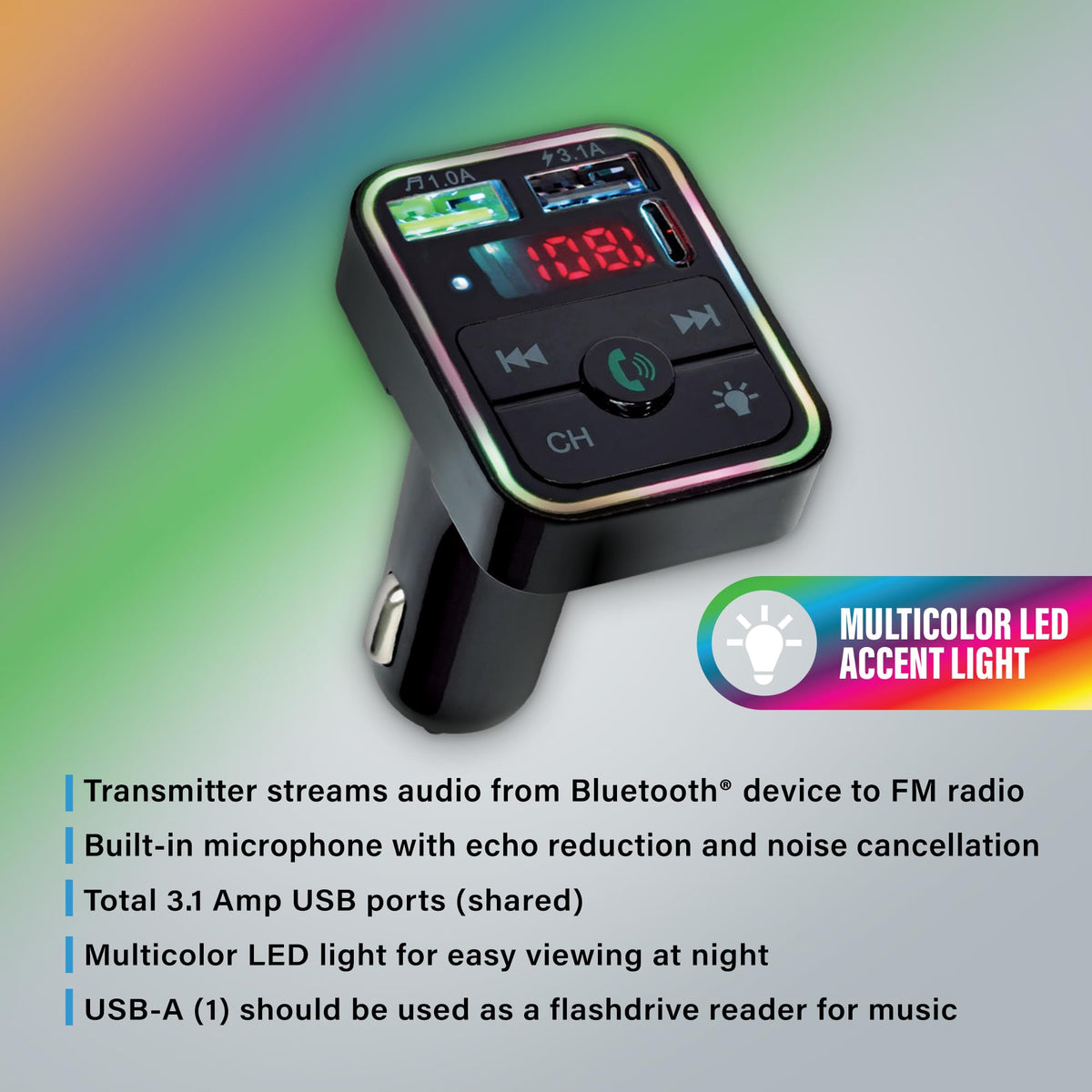 Transmisor FM Bluetooth XTREME Negro con Micrófono de Cancelación de Ruido para Coche