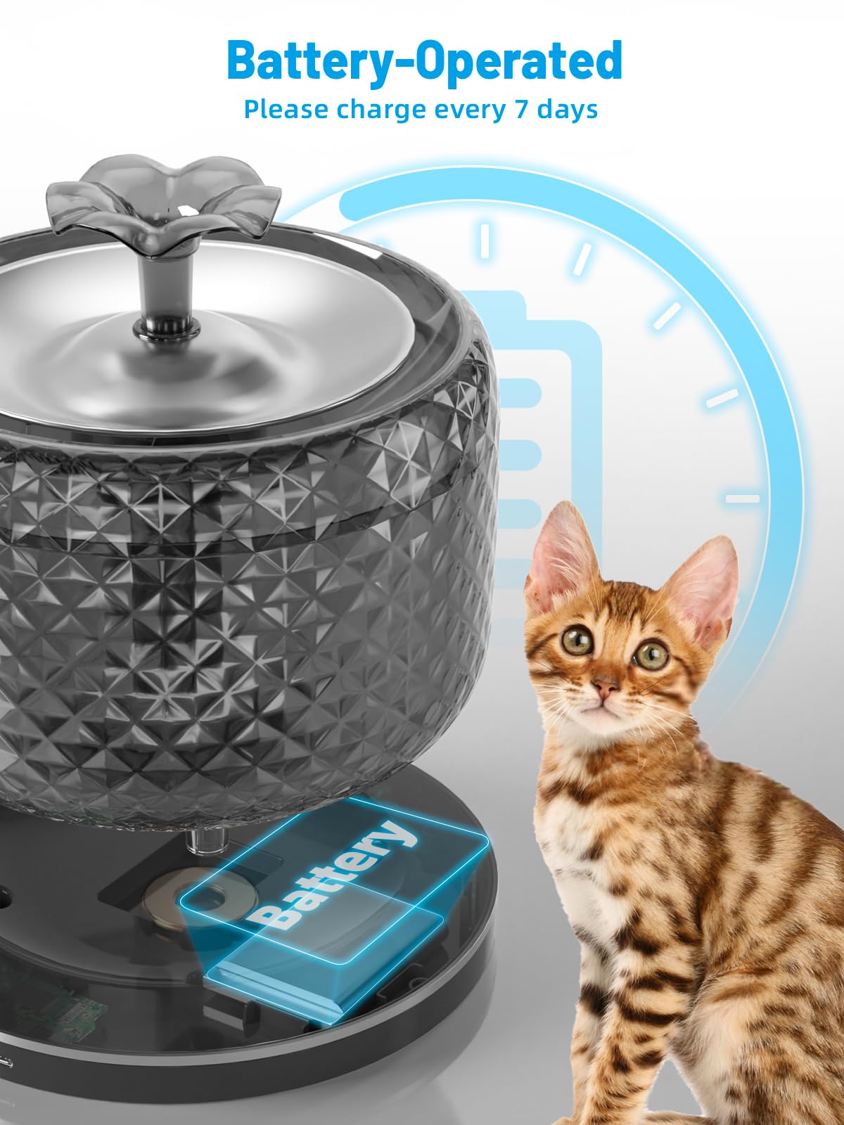 Fuente de agua inalámbrica para gatos, funciona con pilas, dispensador automático de agua para mascotas de 120 oz/3.5L con bandeja de agua de acero inoxidable 304, fuente de agua para mascotas para