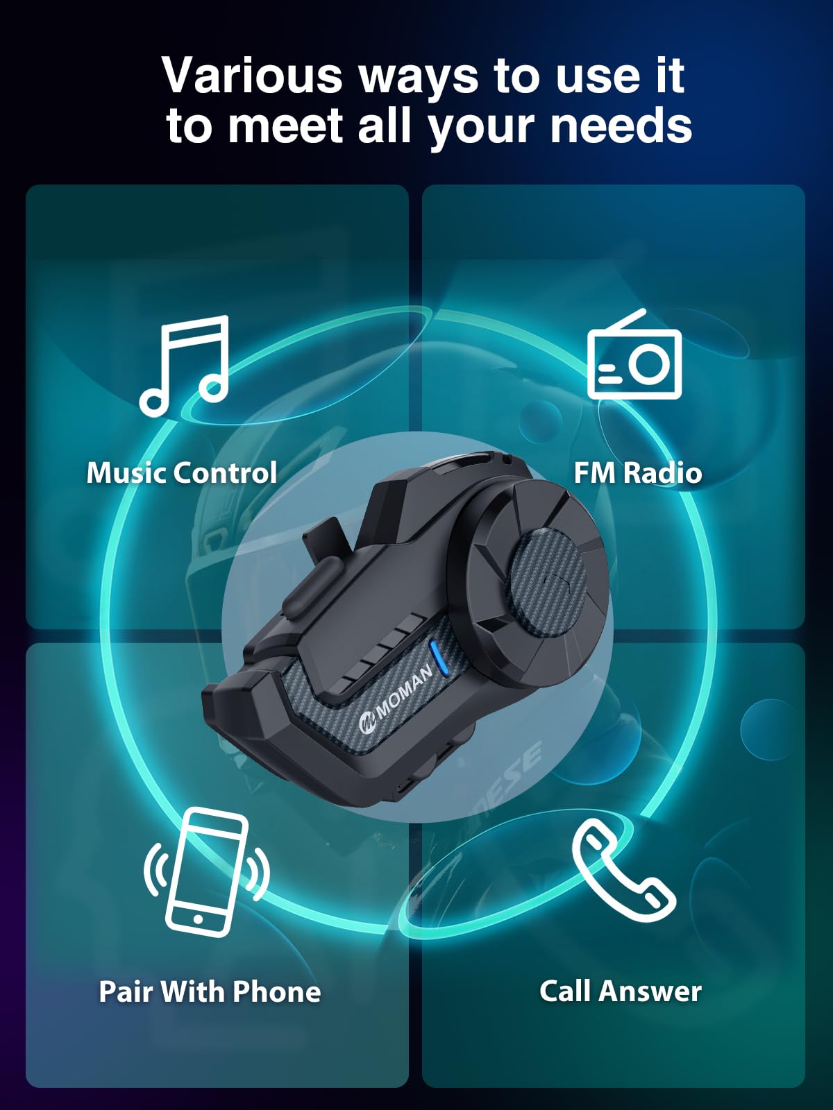 Moman - Intercomunicador para motocicleta, H2 Pro, 2 unidades de fibra de carbono: intercomunicador de motocicleta de 2 vías de 1000 m, DSP y CVC, sistema de comunicación, sistema de comunicación
