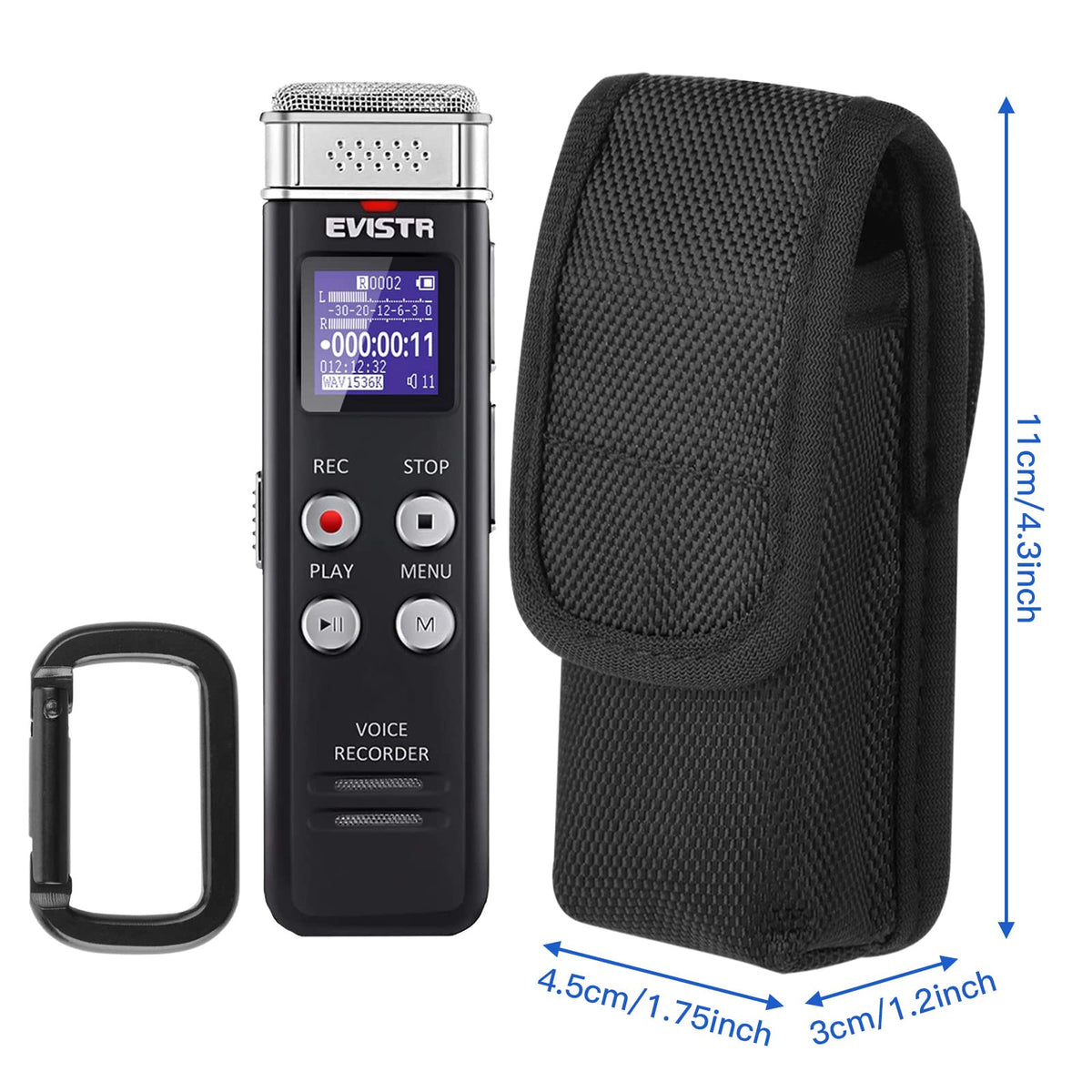 Estuche de Transporte EVISTR Negro con Mosquetón para Grabadoras de Voz Digitales de 16 GB y Sony ICD-UX570/ PX370/470/560