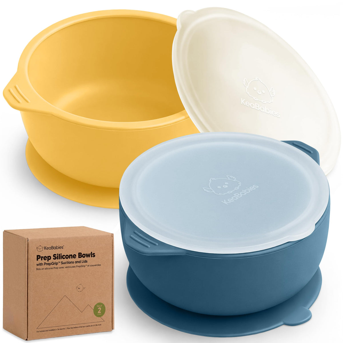 KeaBabies Pack de 2 cuencos para bebé con ventosa y tapa – Cuenco de silicona para niños y niñas, sin BPA