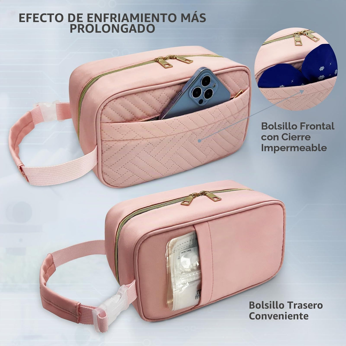 Bolsa de almacenamiento de leche materna impermeable con 2 paquetes de hielo grandes - Bolsa de refrigeración aislada para viaje con hebilla y asa colgante para guardería y viajes de bebé (Rosa)