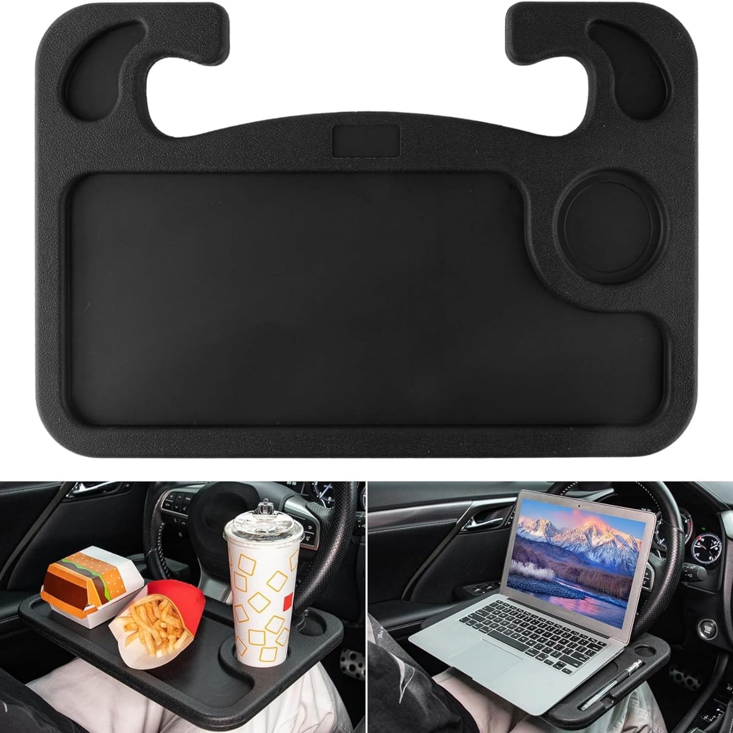 Juzanl Bandeja para Volante de Coche, Multifunciona con Portavasos (Negro)