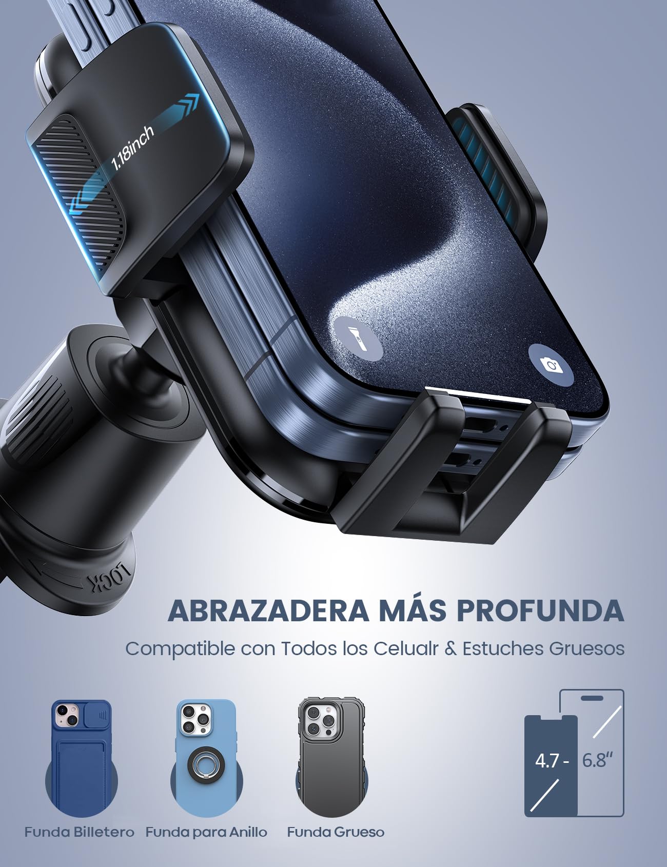 Lamicall Soporte Celular Auto - [Compatible con Fundas Gruesas] Abrazadera más Ancho y Gancho Metálico, Porta Celular Auto Base para Celular Automovil Carro Car Compatible con Todos Celular