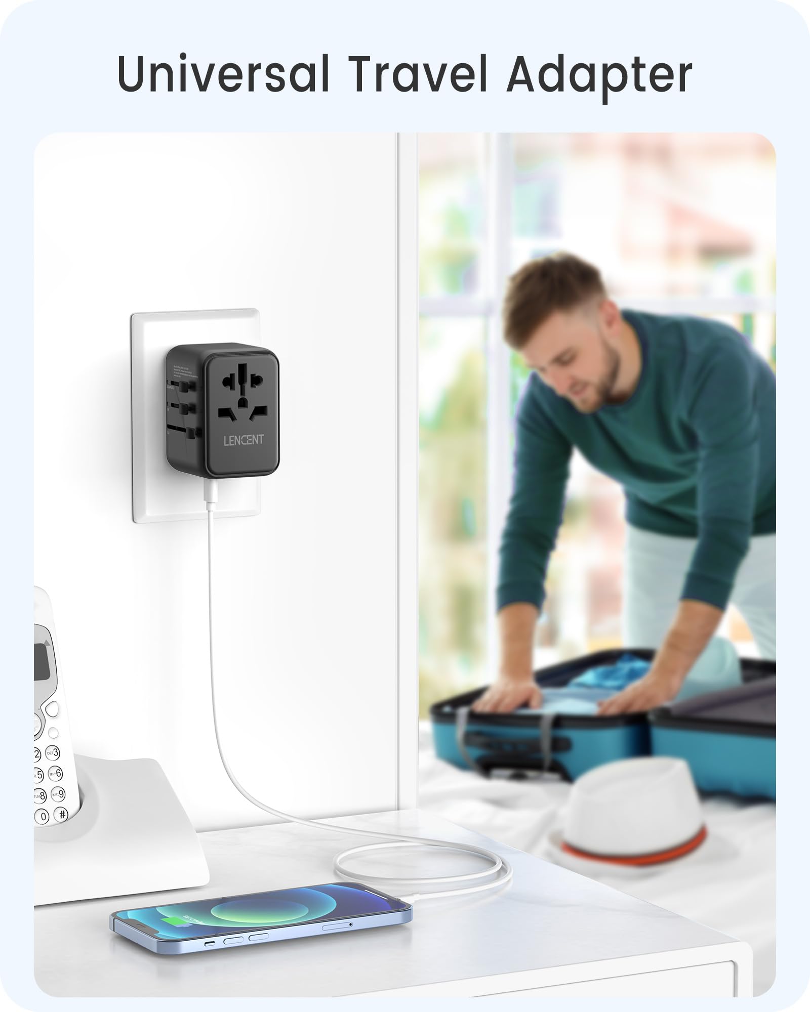LENCENT Adaptador de Viaje Universal, Cargador Internacional PD20W con 2 Puertos USB y Carga Rápida Tipo C, Cargador de Pared Mundial para iPhone, Samsung, Laptop, Enchufe USA/UK/UE/AUS, Negro