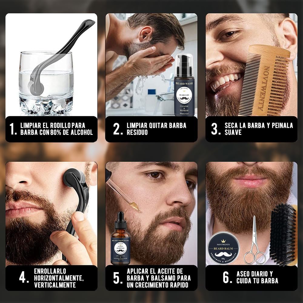 Kit Completo de Cuidado para Barba: Rodillo, Champú, Peine, Cepillo, Aceite, Bálsamo, Tijeras - Regalo Ideal para Hombres - Azul - 14 en 1