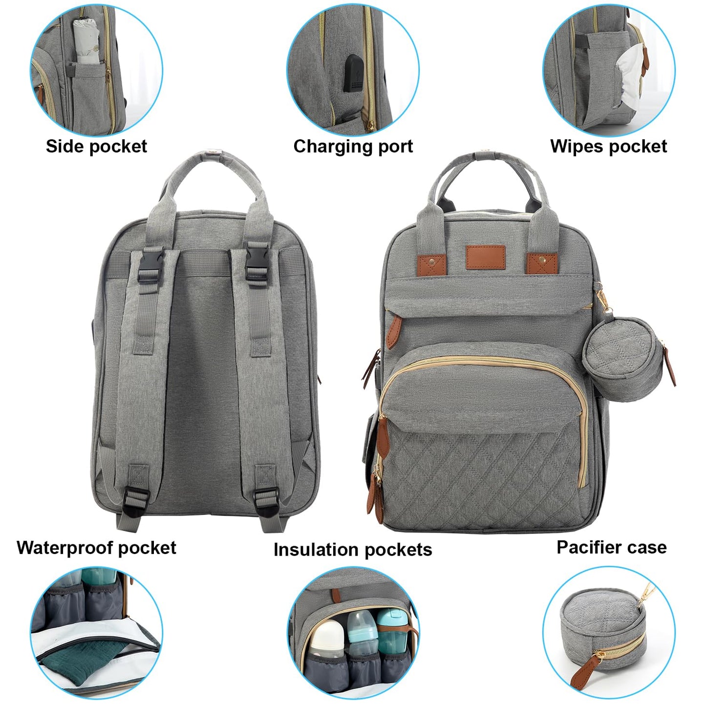 BOSI BOZI ECO OUVERTURE BosiBozi - Bolsa de pañales para bebé, impermeable y multifuncional para mamás, papás, bolsa de pañales de viaje con bolsillos aislados y estuche para chupete