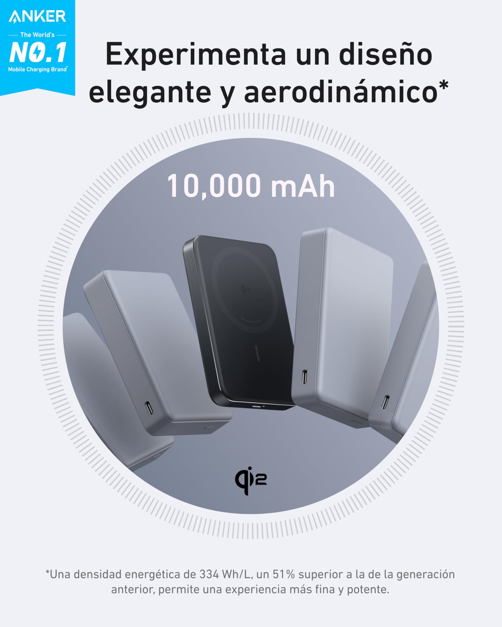 Batería Portátil Anker Negra Ultra Delgado 10000mAh con Carga Rápida y Cargador Inalámbrico para iPhone Serie 16/15/14/13/12