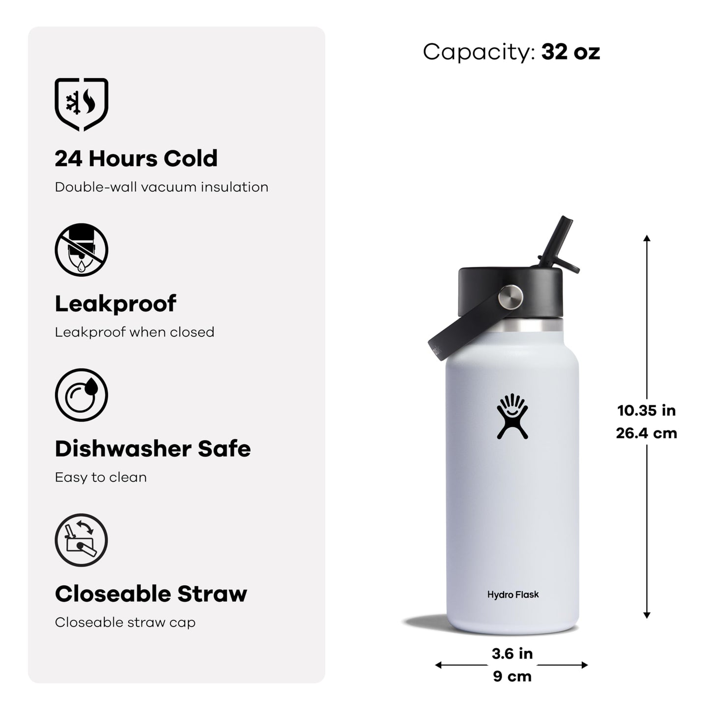 Botella Hydro Flask Blanca con Boca Ancha y Popote Flexible de 946 ml, Aptas para Lavaplatos