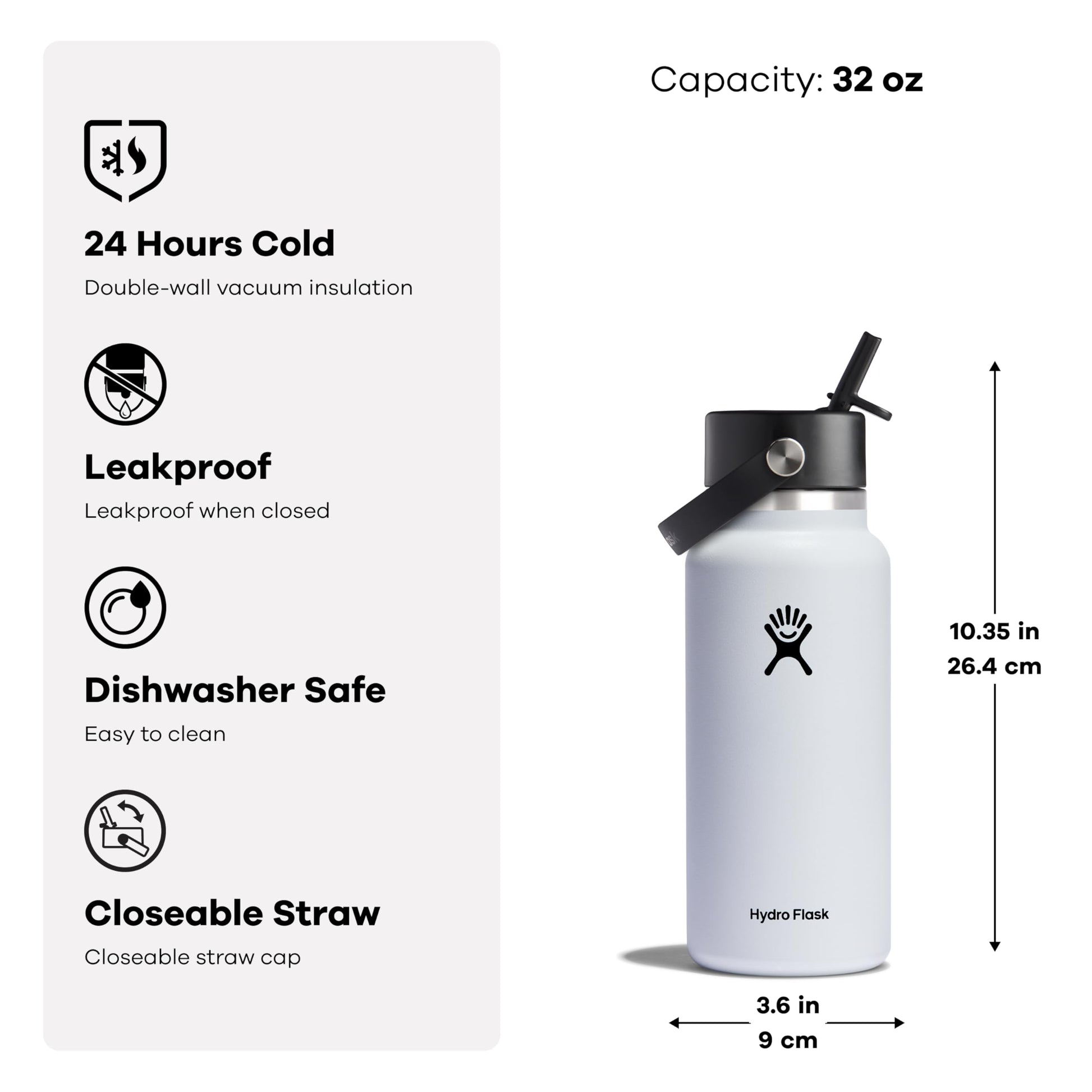 Botella Hydro Flask Blanca con Boca Ancha y Popote Flexible de 946 ml, Aptas para Lavaplatos