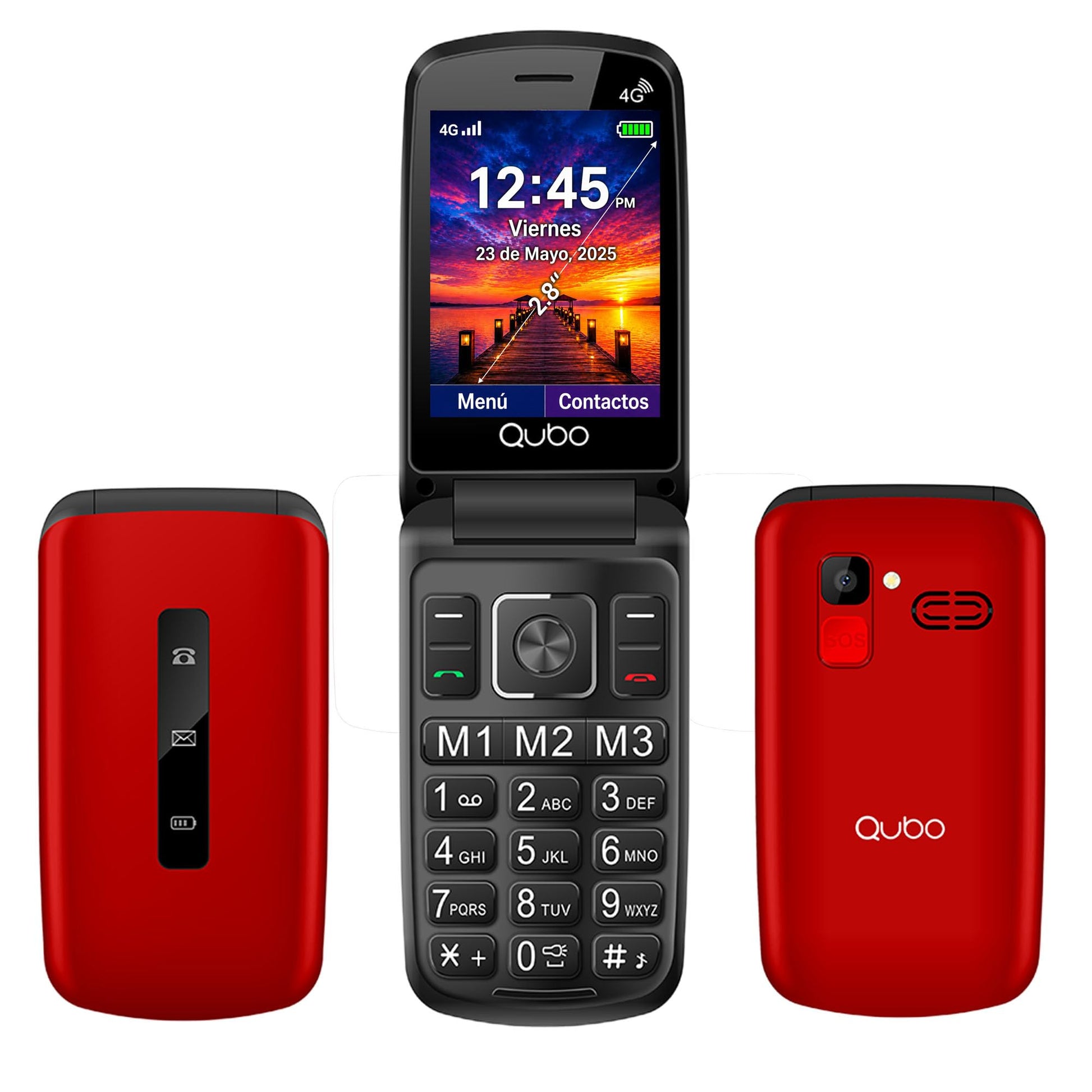 Qubo p210 Teléfono para Adultos Mayores 4G Desbloqueado | Pantalla 2.8” Grande | Teclas Grandes con Luz | Botón SOS | M1 M2 M3 | Plegable | Compatible con Chip 2G 3G 4G 5G