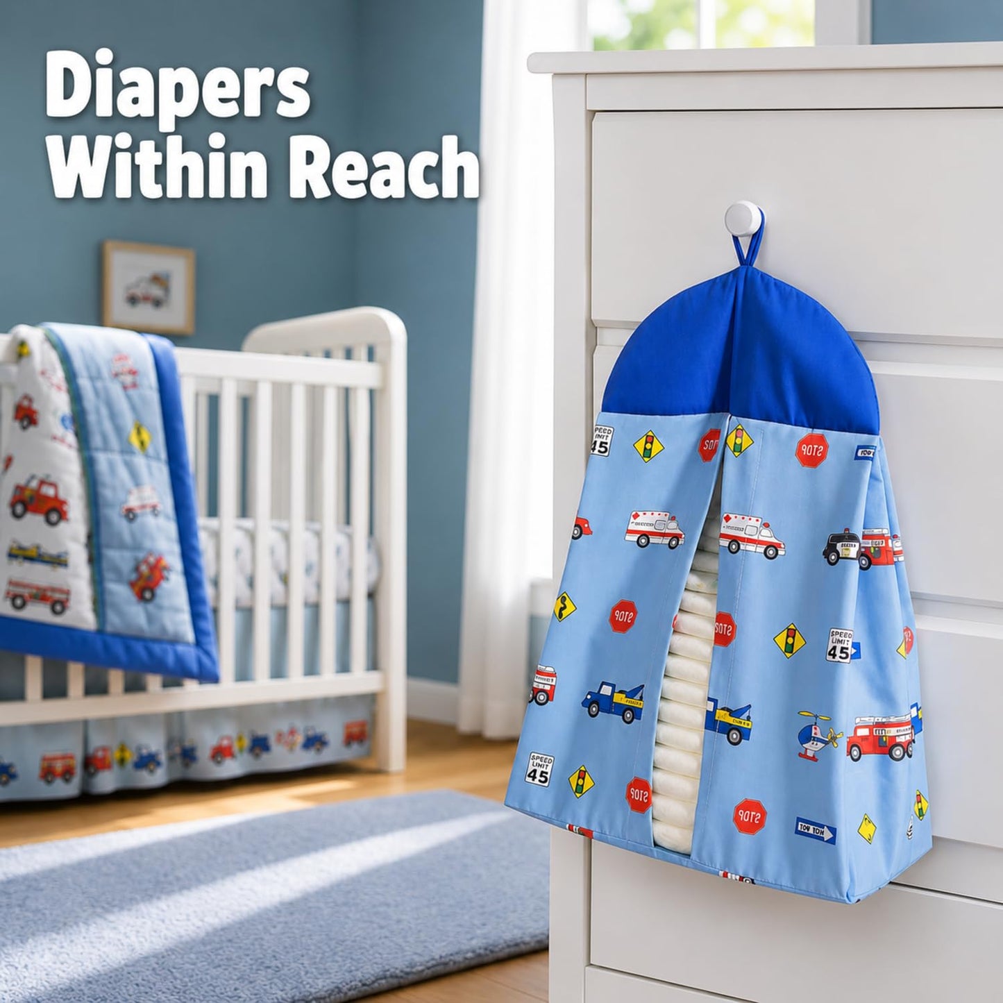 EVERYDAY KIDS Juego de ropa de cama de 3 piezas para cuna, pequeño rescatador, incluye edredón, sábana bajera y volantes antipolvo, juego de cama para guardería, juego de cama para cuna de bebé