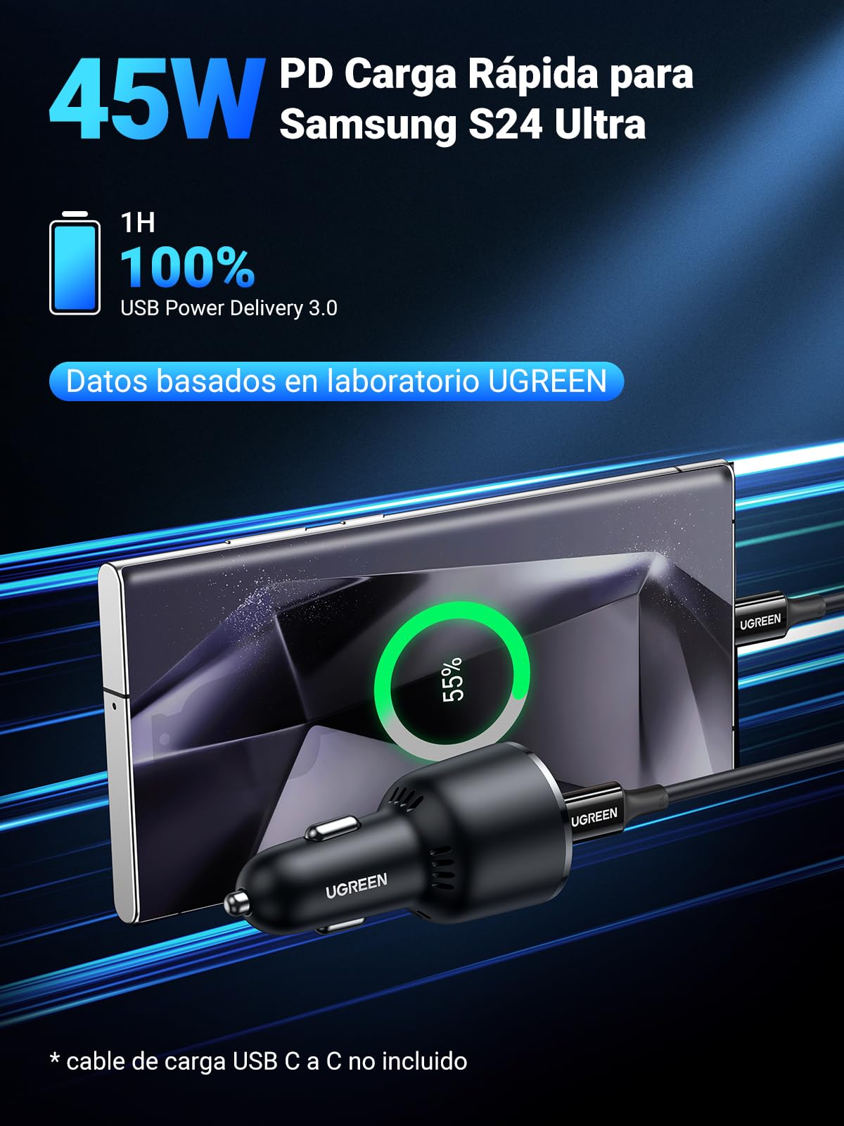 UGREEN 63W Fast Charger Cargador para Auto, Carga Rápida Tipo C Adaptador de Coche PD 45W, Quick Charge QC 18W Comaptible con Galaxy S25 S24 S23 Ultra, iPhone 16 15 14 13, iPad Pro, Redmi, Xiaomi
