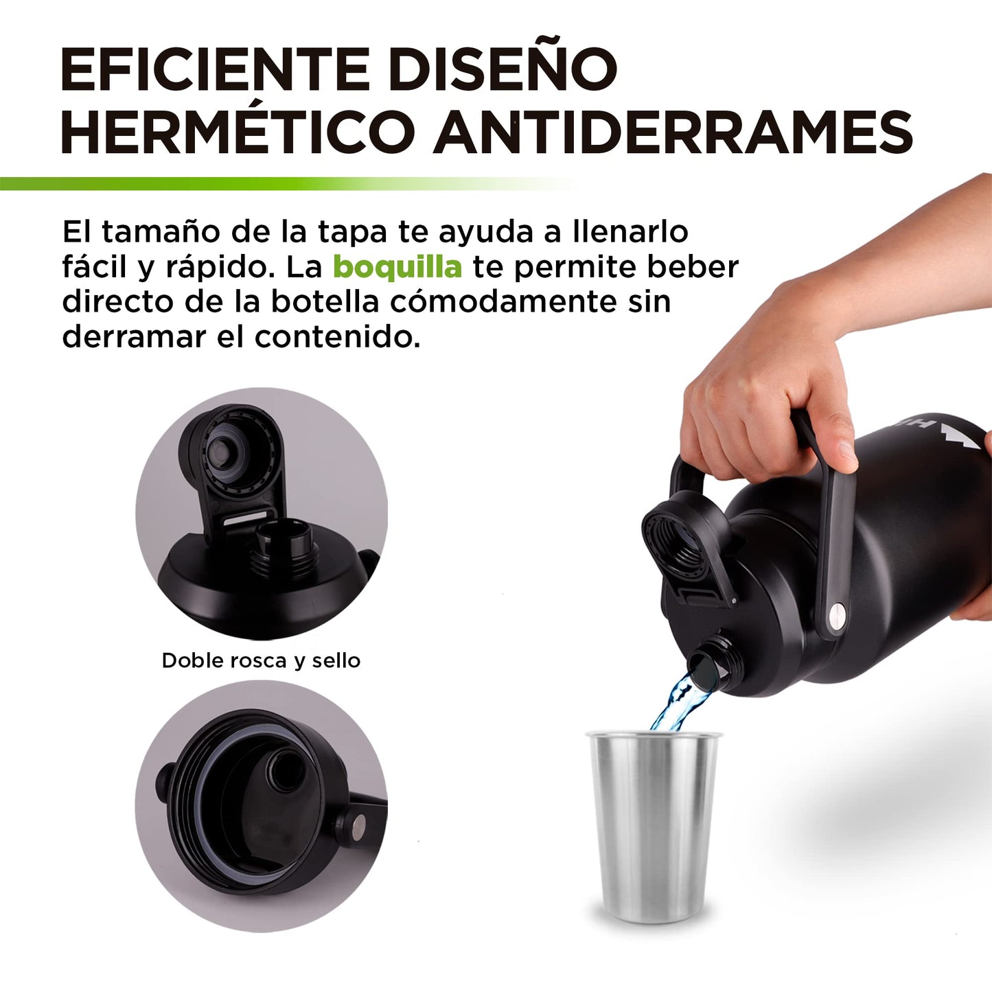 HIKEO Termo Jumbo XL Acero Inoxidable 1.89 Litros Extra Grande, Botella de Agua Hermética con Doble Pared de Aislamiento Térmico, 14 Horas Agua Fría y 12 Horas Agua Caliente, para Camping y Deportes