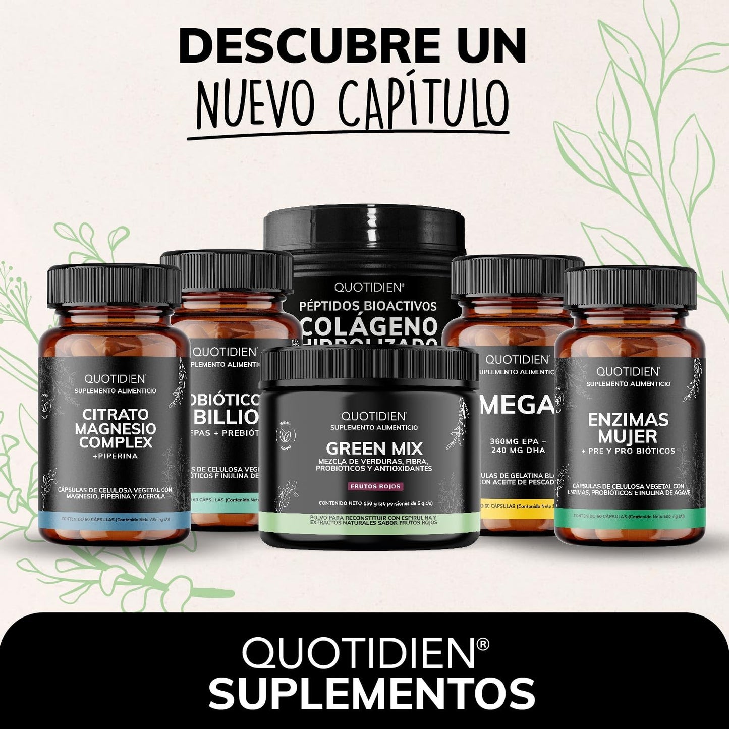 Quotidien | Green Mix Jugo Verde en Polvo con Té Matcha, Espirulina, Té Verde, Espinaca, Clorofila, Moringa, Melena de León, Enzimas Digestivas, Probióticos y muchos más | Super Blend Sabor Frutos Rojos | 30 porciones