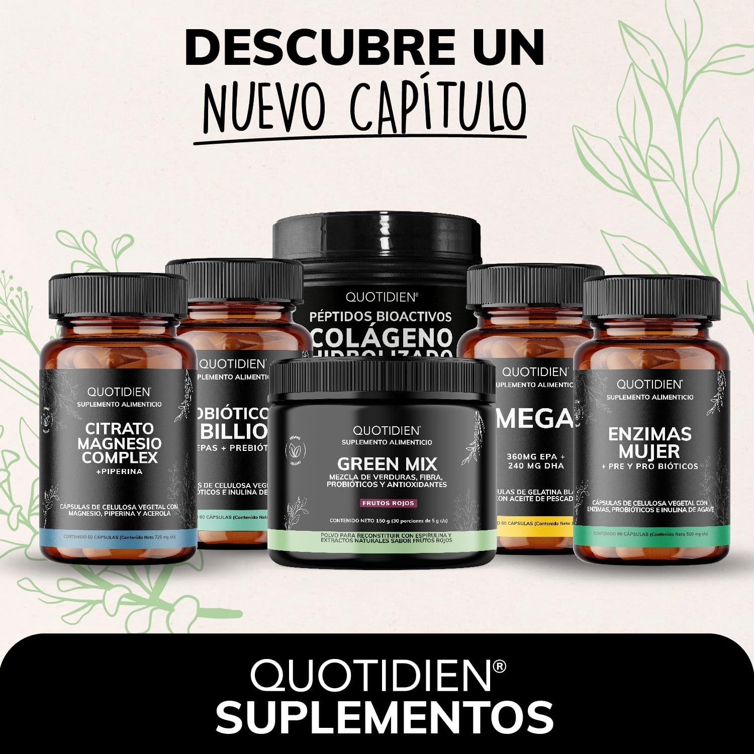 Quotidien | Green Mix Jugo Verde en Polvo con Té Matcha, Espirulina, Té Verde, Espinaca, Clorofila, Moringa, Melena de León, Enzimas Digestivas, Probióticos y muchos más | Super Blend Sabor Frutos Rojos | 30 porciones