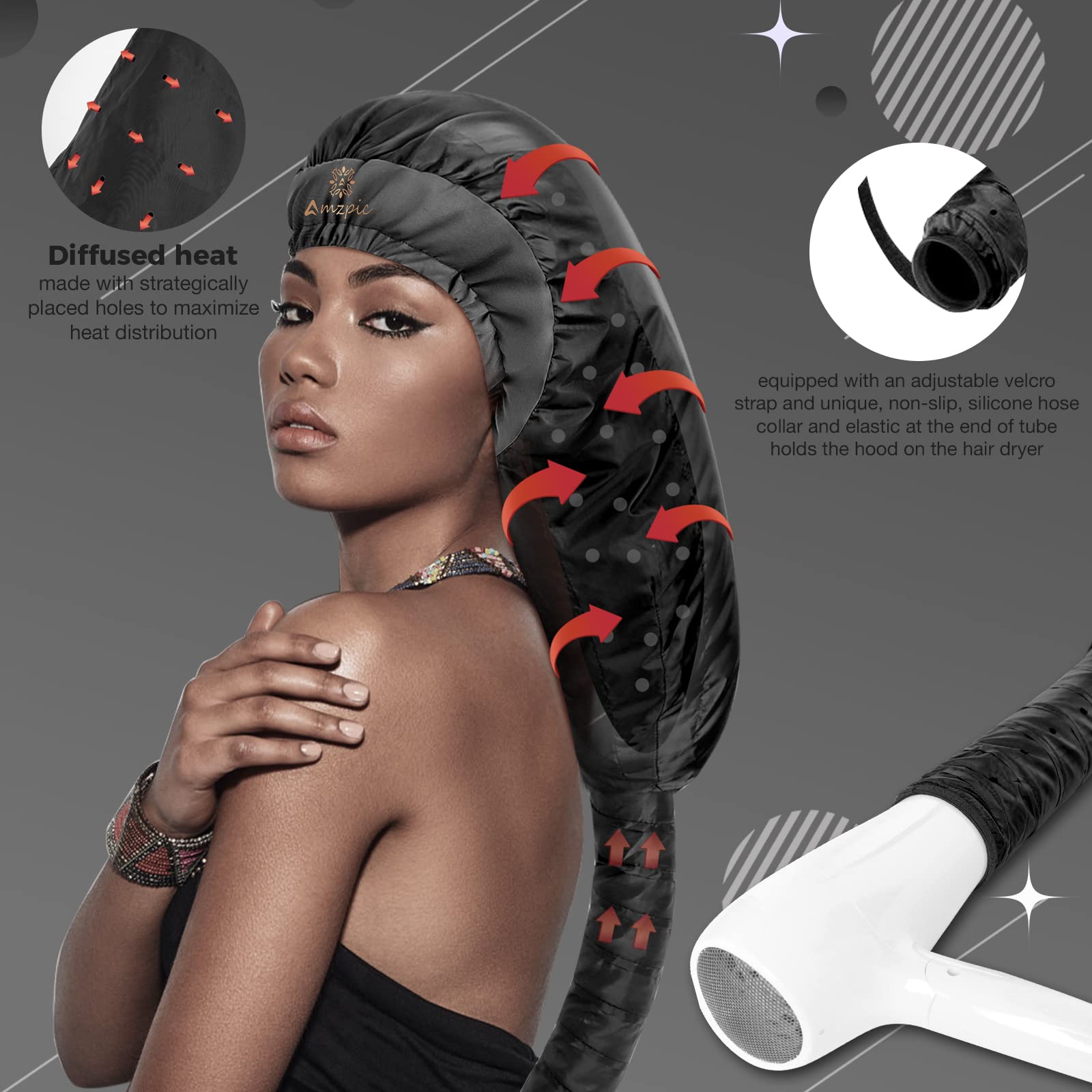 Accesorio Secador Capó Versión Extendida Negro con Diadema que Reduce Calor para Peinar y Rizar